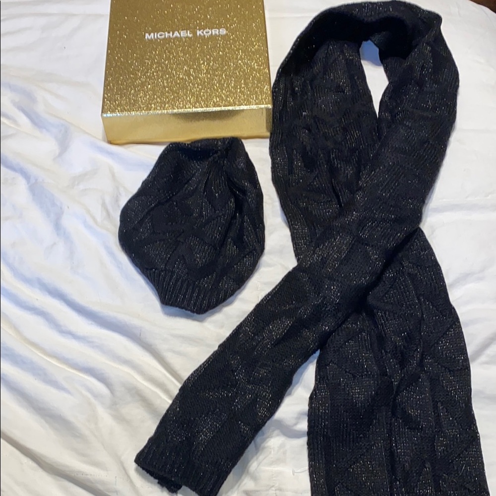 Michael Kors Black Knit Scarf and Hat Set